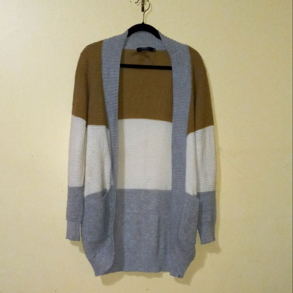 ZESICA Tan Grey and White Cardigan 2XL